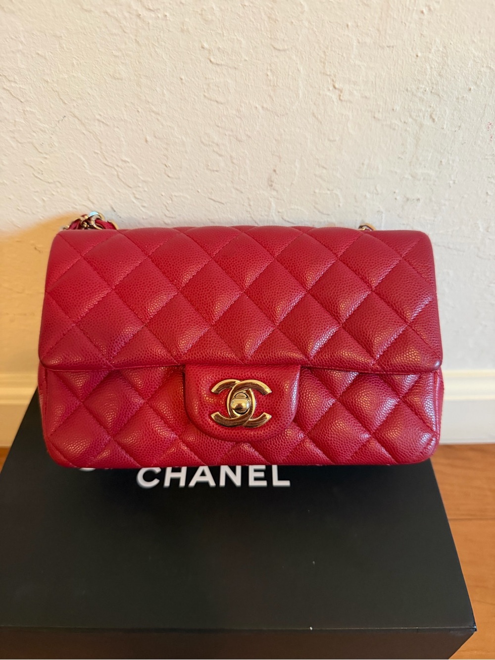 CHANEL Mini Rectangular Quilted Leather Red 17B with Silver Hardware